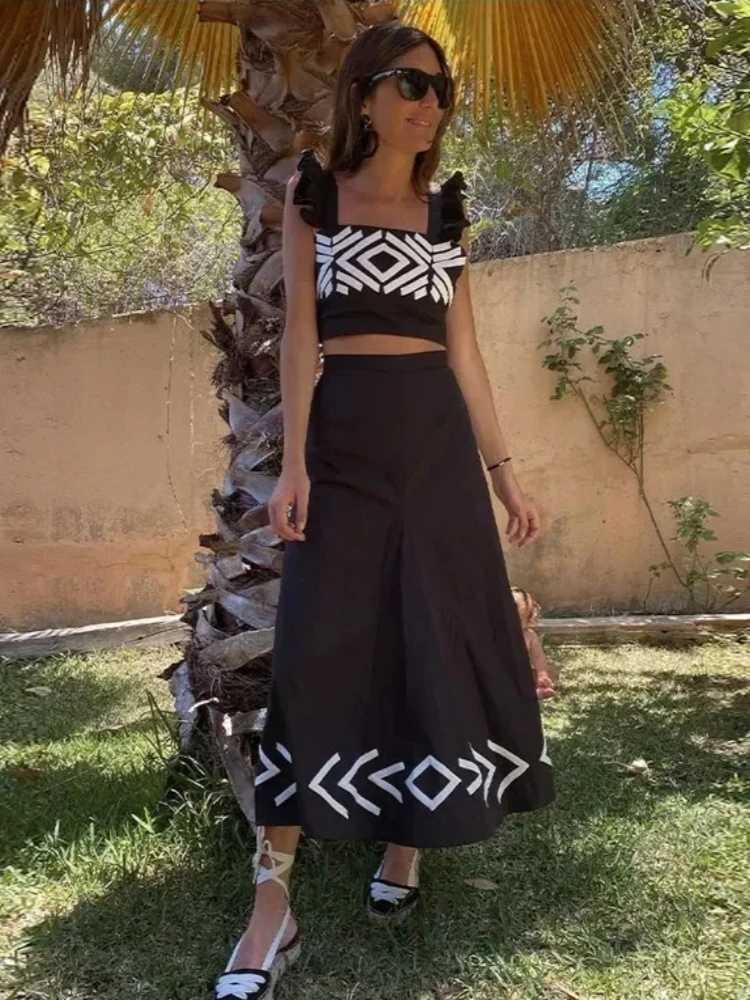 Two Piece Dress 2025 New Women Causal Two Piece Sets Summer Plaid Fly Slve Crop Tops Print Skirt Dr Sets Holiday Elegant Women Outfits Y2503154P6O