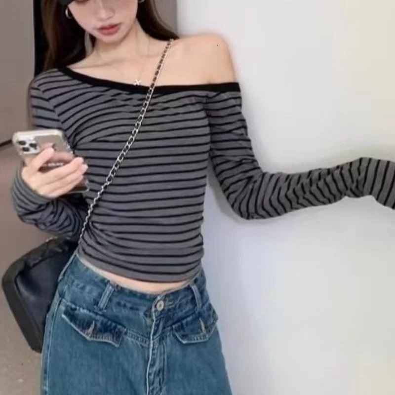 Spring and Autumn Womens Style Japanese Basic Ultra Thin Long Sleeve Striped T-shirt Strapless Korean Street Style Y2K Thin Top 250314