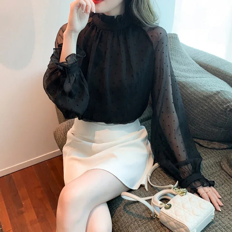 Spring Summer Vintage Black Mesh Womens Blouse 2025 Chiffon Stand Collar Long Sleeve Korean Office Shirts Female 250312