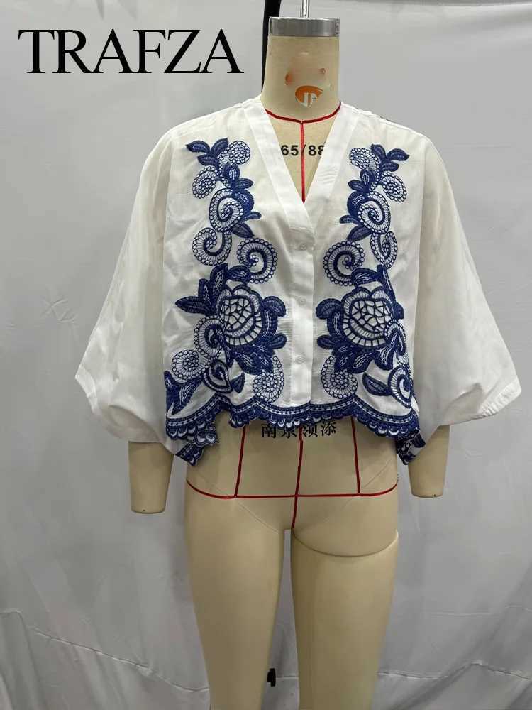 Two Piece Dress TRAFZA 2025 Women Skirt Set Blue Embroidery Single-Breasted V Neck Shirt +Folds High Waist Casual A Line Long Skirt Beach Style Y25031