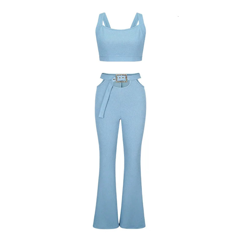 CM.YAYA Fashion Knit Womens Set Tank Top and Cutout Waist with Belt Wide Leg Flare Pants Two 2 Piece Set Outfits Tracksuit 250314