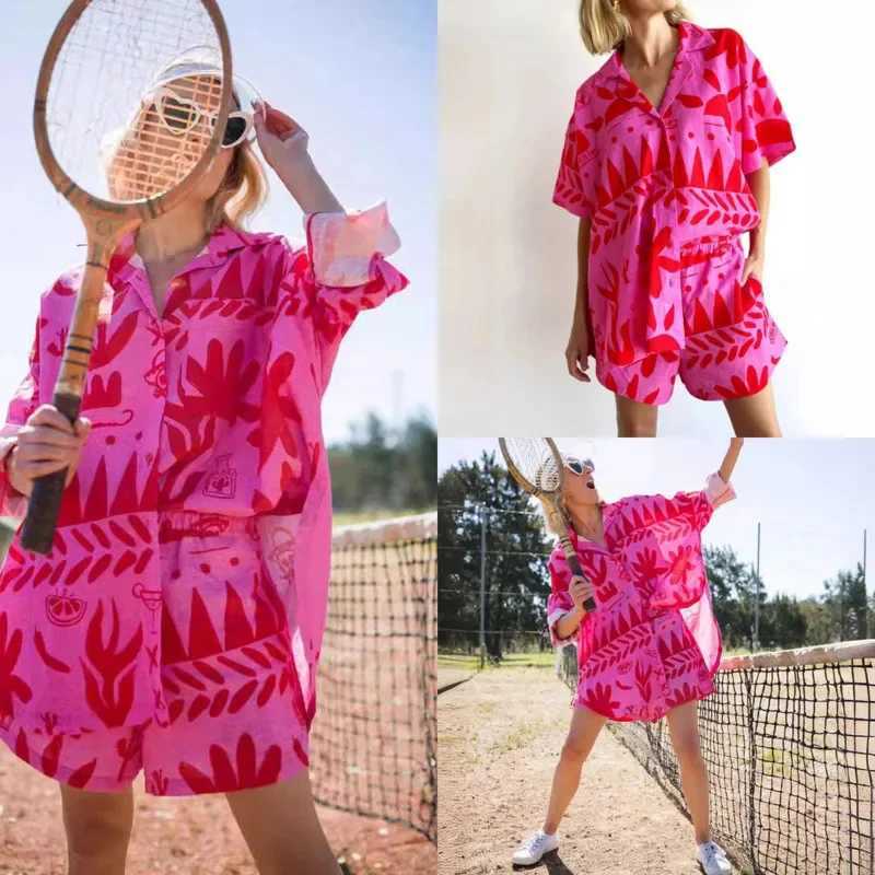 Two Piece Dress 3D Rose Red Printed Linen Womens 2025 SpringSummer New Collection European and American Fashion Elegant Printed Cardinals Flip Collar 