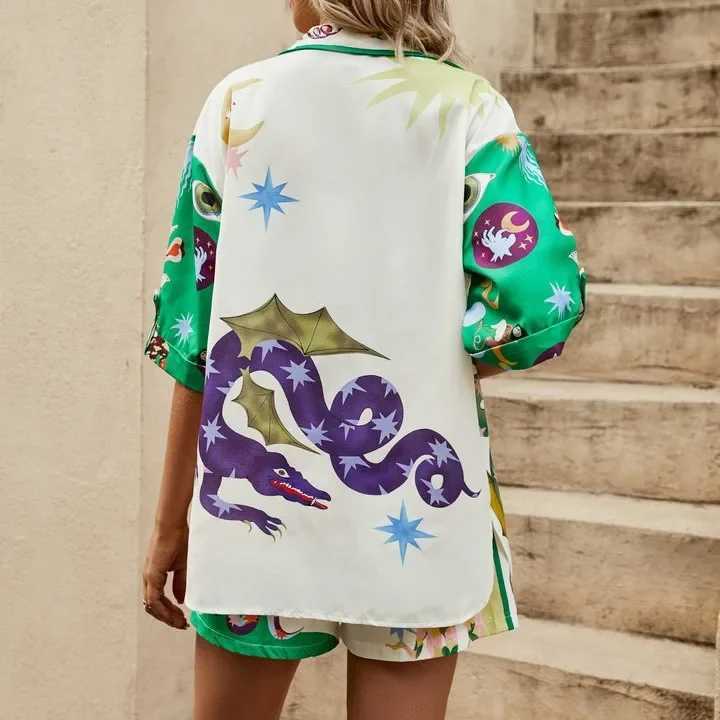 Women's Two Piece Pants 2025 Summer Women Flowers Design Printed 2 Piece Set Short Slve Shirt Blouse Top Loose Shorts Female Suit Hawaii Holiday 