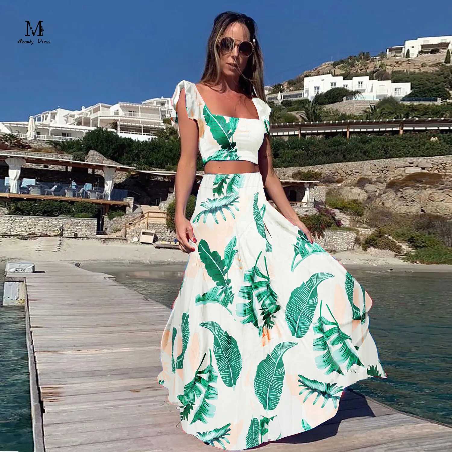 Two Piece Dress Elegant womens two-piece skiing set with floral print vest ultra-thin suitable for beach wear summer casual bohemian style 2-piece set