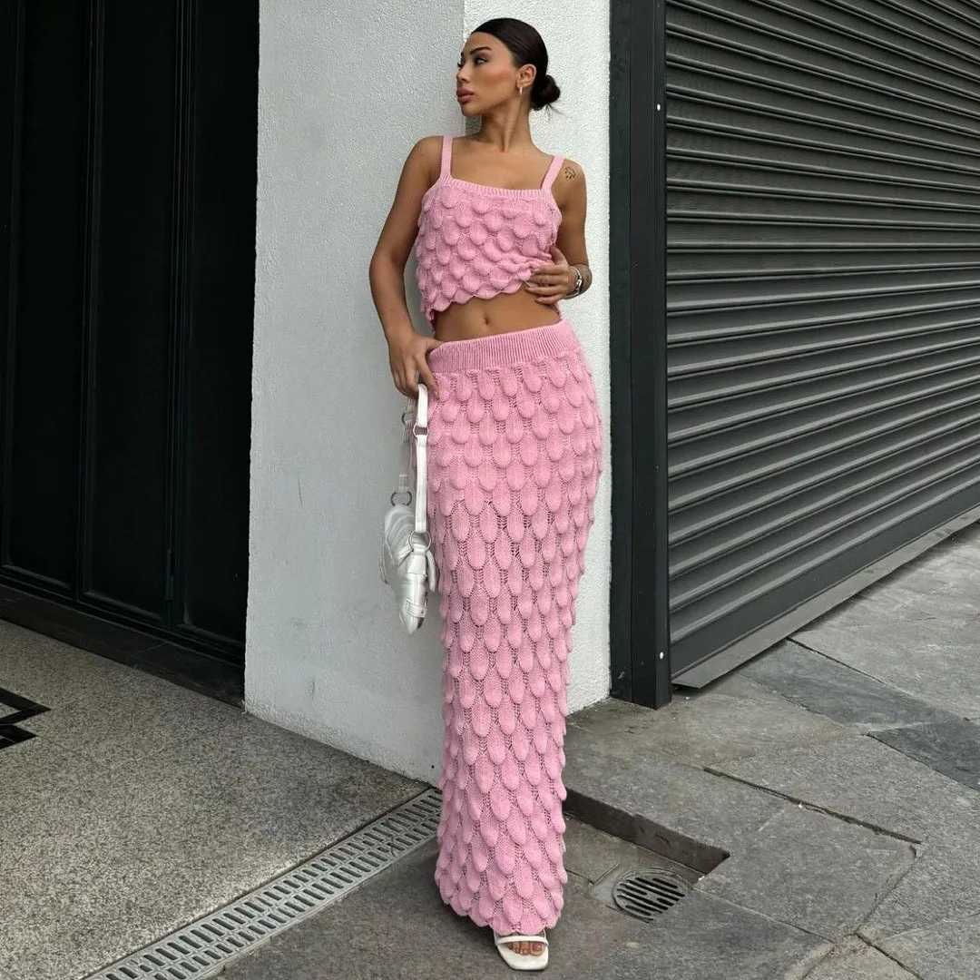 Two Piece Dress DRC Female Attractive Suits Solid Ruched Crop Camisoles+Matching Long Skirts Knit 2 Piece Set Woman Casual High Strt Outfit Y250315BHL
