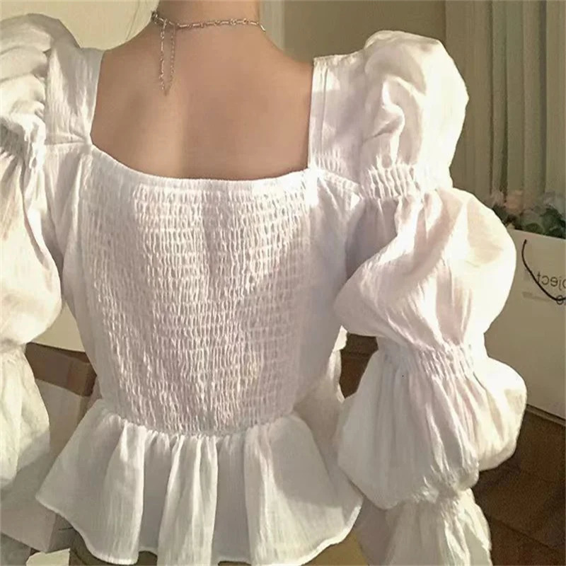 Elegant Fairycore Allmatch Long Flare Sleeve Shirt Blouse Ruffles Crop Top Sweet Korean Casual Purple Fashion Ladies 250312
