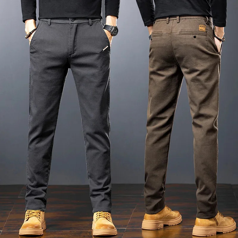 Mens Twill Slim Pants Business Straight Cotton Casual Trousers Fashion Korean Elastic Coffee Black Gray 250311