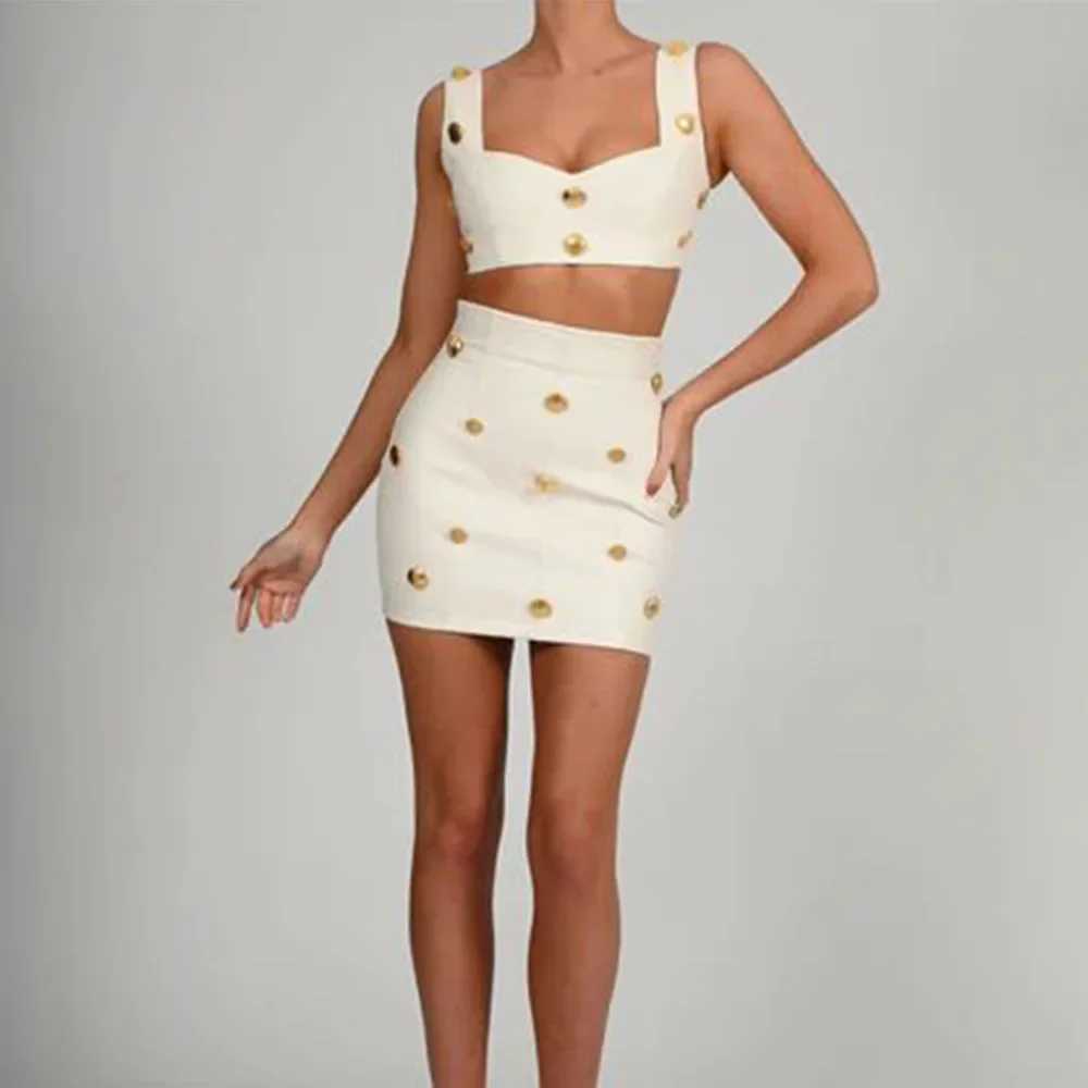 Two Piece Dress High end fashion casual womens mini Dr 2-piece set sexy shoulder strap clip waist top short skirt set Y250315JN20