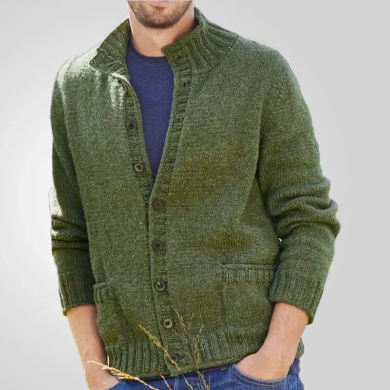 Mens Cardigan Stand Collar Coats Sweaters Knitted Coat Full Sleeve Single Breasted Solid Knit Pockets Open Stitch Autumn Winter 250311