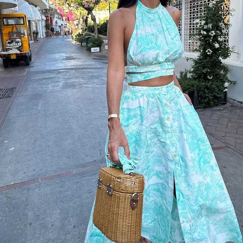 Two Piece Dress 2025 Womens Warm New Vacation Style Printed Strap Top Skirt Set Elegant and Fashionable Two Piece Set Y25031567NL