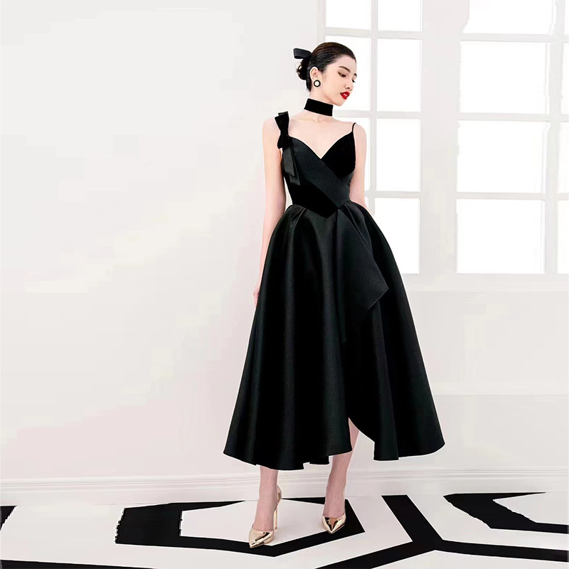 K31506 New V-neck bow sexy goddess irregular waist slimming suspender evening dress