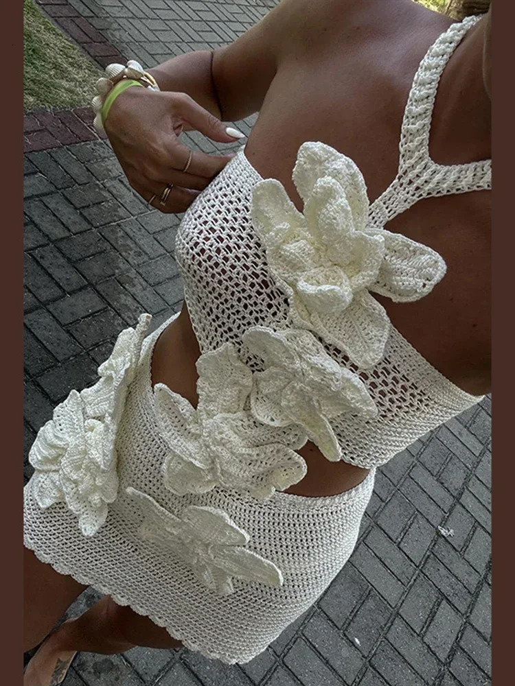 Beach 3D Flower Crochet Hook Short Dress Women Sexy Hollow Out Halter Off Shoulder Backless White Dresses Lady Summer Slim Robes 250314