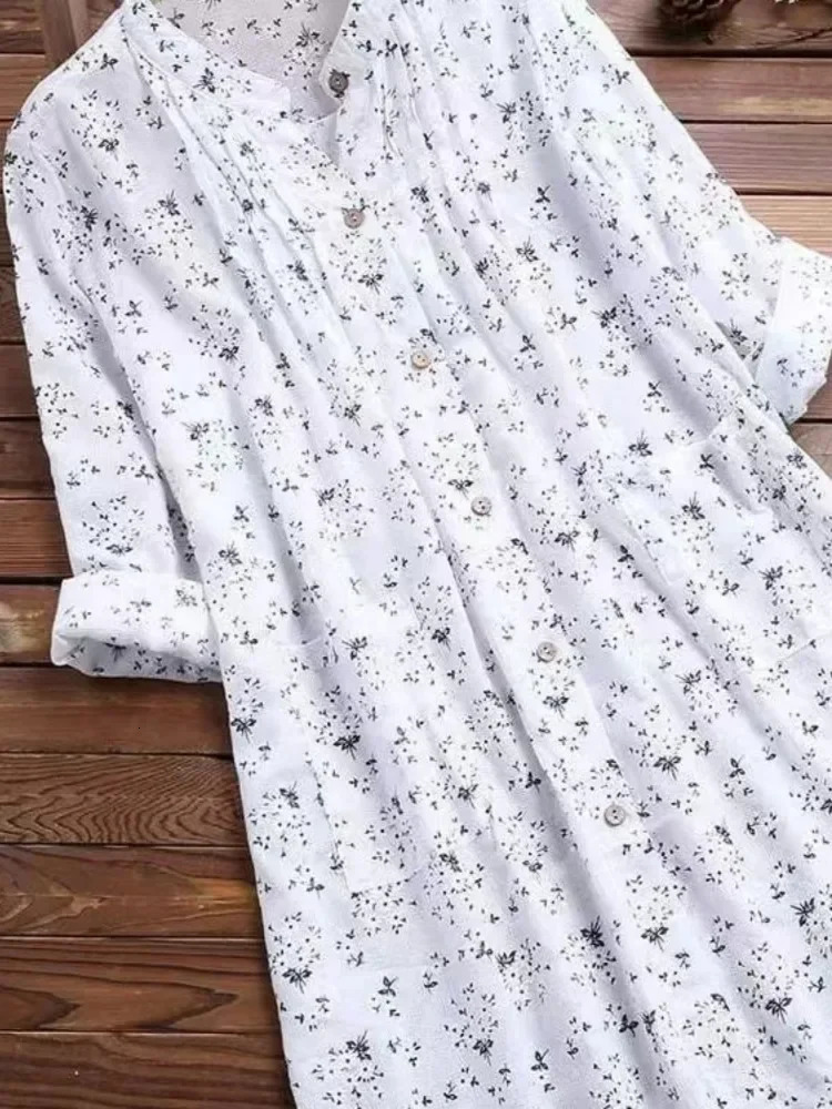 Womens Plussize Shirt White Long Flower Decorated Lapel Button Up Top for Travel Wear 250312