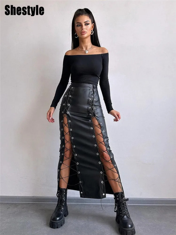 Shestyle Lace Up Bandage Hollow Out Long Skirt Women Slit PU Leather Sexy Pencil High Waist 2025 Spring Fashion Black Bottom 250312
