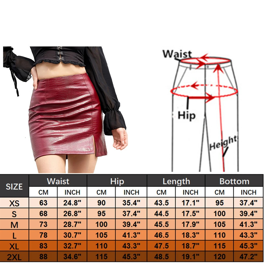 2025 Springsummer Red Pattern PU Skirt Ladies Slit Slim Stretch Leather Skirts White Brown Black Green 250312