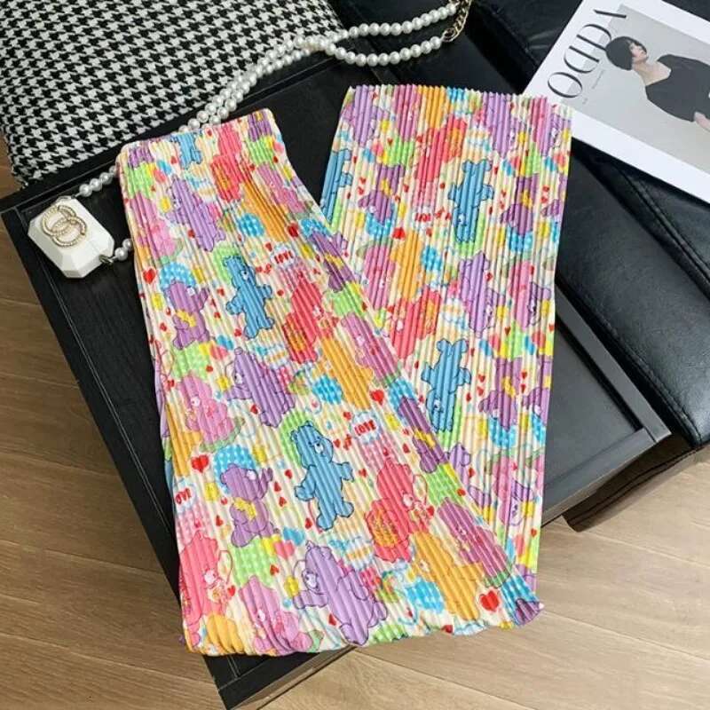 2025 new cute cartoon printed pleated wide leg designer fashion women's street wear loose straight leg pants clothing spring and summer pants4