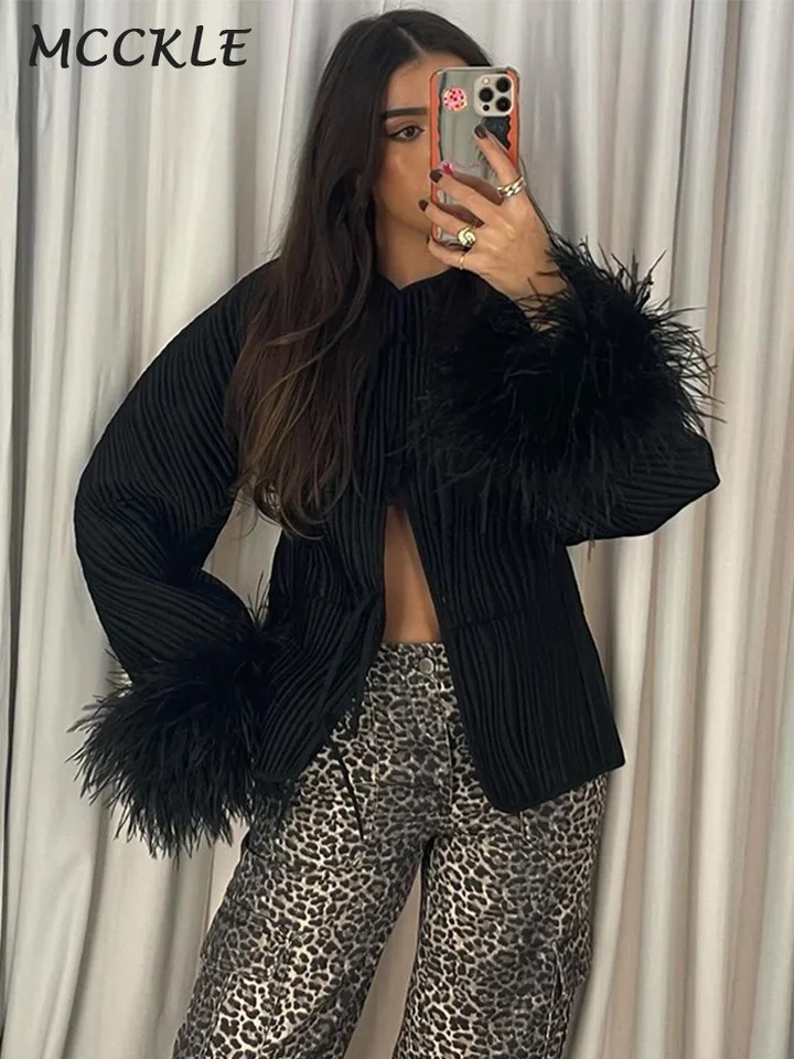 Fashion Feather Cuffs Cotton Womens Coat Tassels Long Sleeve O-neck Lace Up Female Jacket Autumn Street In Outerwears 250314