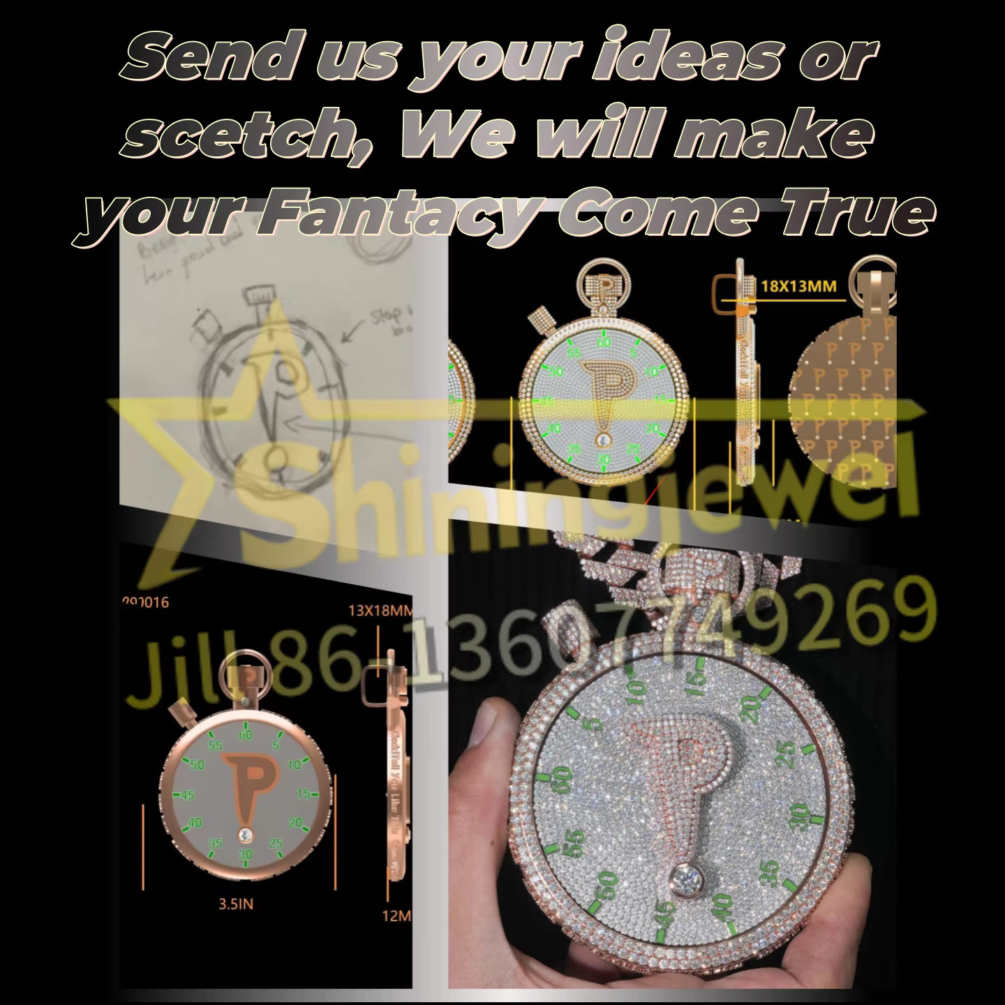 Custom Jewelry Maker Luxury Baguette Moissanite Spinning Pendant Hourglass Hip Hop Jewelry Rock Custom Moissanite Pendant