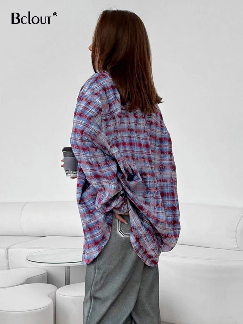 Bclout Fashion Plaid Purple Shirts Blouses Women Casual Cotton Long Sleeve Shirts Spring Loose Blouses Coats Streetwear Top 250314