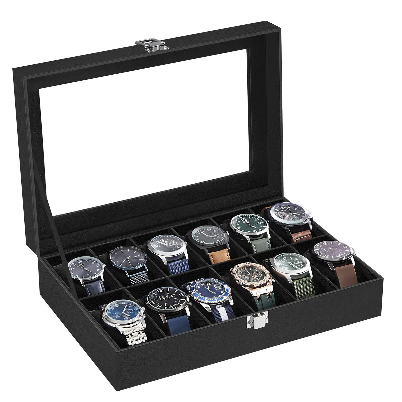 SONGMICS Watch Box 12-Slot Case with Large Glass Lid Removable Pillow Watch Storage Organizer Gift for Men Women 250311