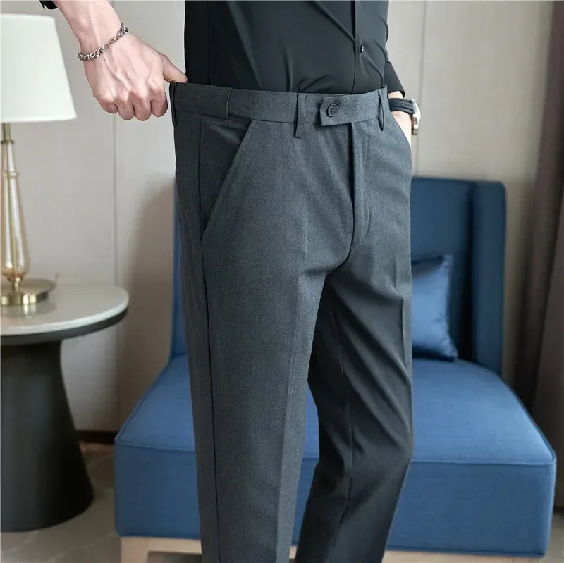 Men Suit Pants Plus Size 40 38 Autumn Solid Elastic Waist Dress Pants Men Slim Business Office Social Ankle Length Trousers 250314
