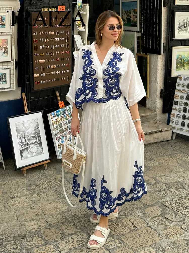 Two Piece Dress TRAFZA 2025 Women Skirt Set Blue Embroidery Single-Breasted V Neck Shirt +Folds High Waist Casual A Line Long Skirt Beach Style Y25031