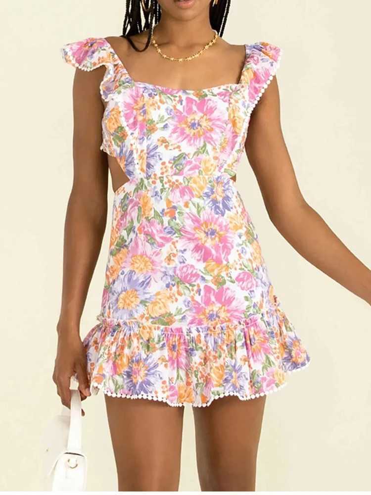 Two Piece Dress Foridol Ruffles Slvel Boho Summer Flowers Dr Female Back Sexy Mini Beach Retro Dr Dropshipping Chic Short Dr Y250315KF8I