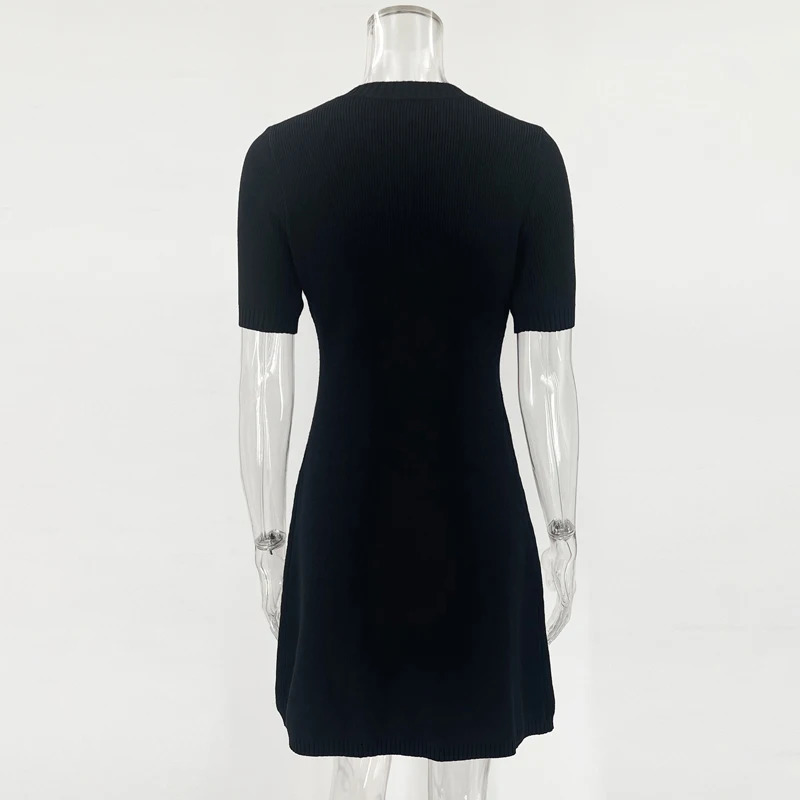 Elegant White Knitted Mini Dress Women Sexy Slim Fit Ribbed Knit Dress Metal Button Short Sleeve Holiday Party Mini Dress 250314