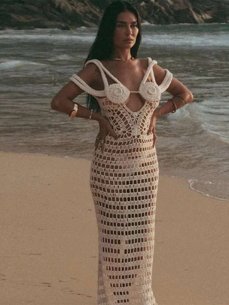 Crochet Weave Halter Dress Hollow Out Sexy Suspender Knit Hook Wer Vacation Bikini Cover Up Long Beach Dresses Backless Robes
