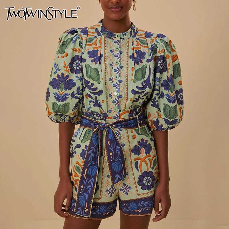 Women's Two Piece Pants TWOTWINSTYLE Printing Two Piece Set For Women Stand Collar Half Slve Shirt High Waist Loose Shorts Casual Sets Female Clo