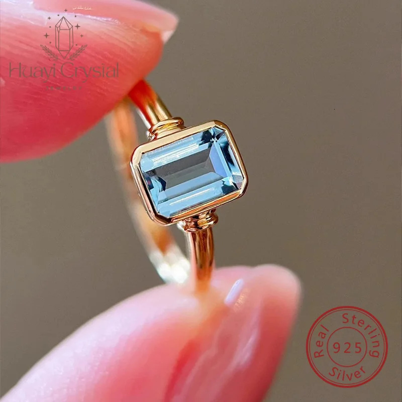 Refined S925 Sterling Silver Gold Plated Casual Aquamarine Ring For Women Rectangular Material Easiest For Match 250314