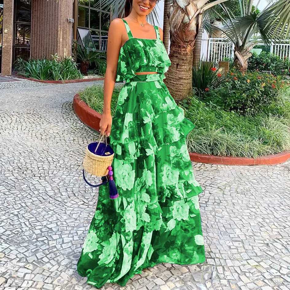 Two Piece Dress Bamboo Boy 2-piece womens fashionable floral elegant print Slvel short top+loose high waisted pleated long skirt set Y250315KMT8
