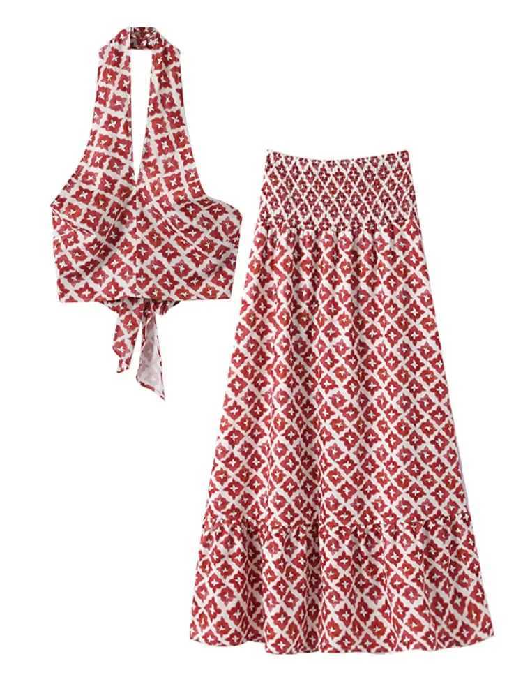 Two Piece Dress Fashion Printed Halter Skirt Sets for Women Slvel Backl Crop Top A Line Skirts Suits Summer Lady Beach Holiday Outfit Y2503150NG0