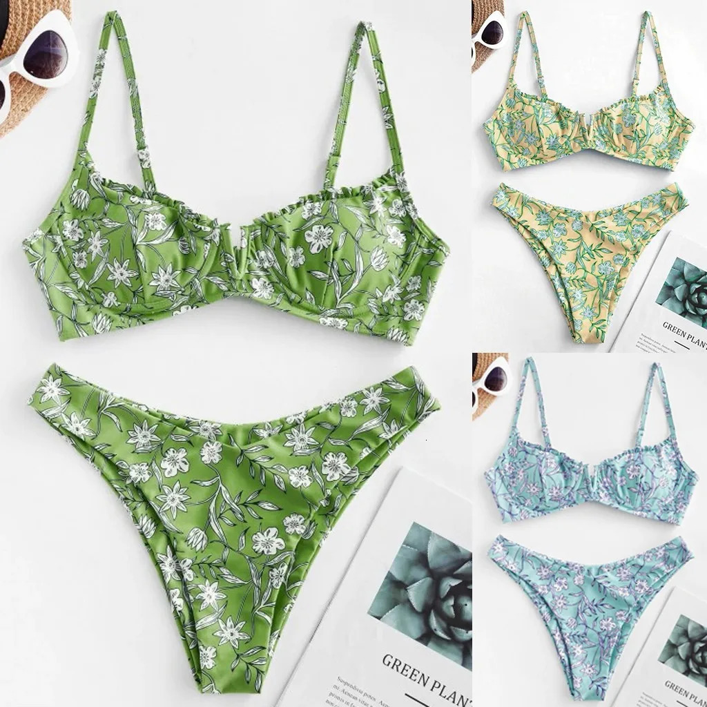 Beach swimsuit womens floral print bikini set push up bra split Tankinis set summer 2-piece sexy bikini womens bohemian beachwear 250314