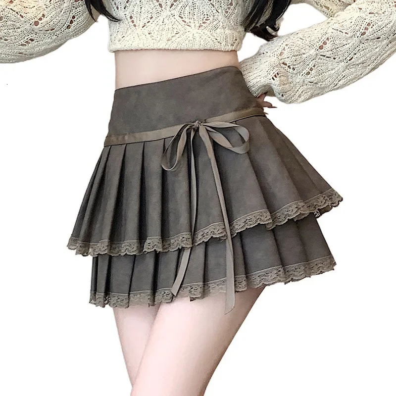Bow mini dress 2024 womens high waist weight loss Aline leather texture autumn and winter seasonal clothing 250312