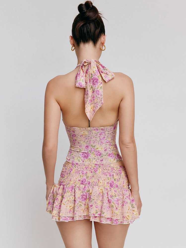 Two Piece Dress Articles Sexy Slvel Printed Two Piece Set Womens Button Ceiling Vest Lace Hundred Fold Mini Skirt Set Beach Wear 2025 Y250315HDYC
