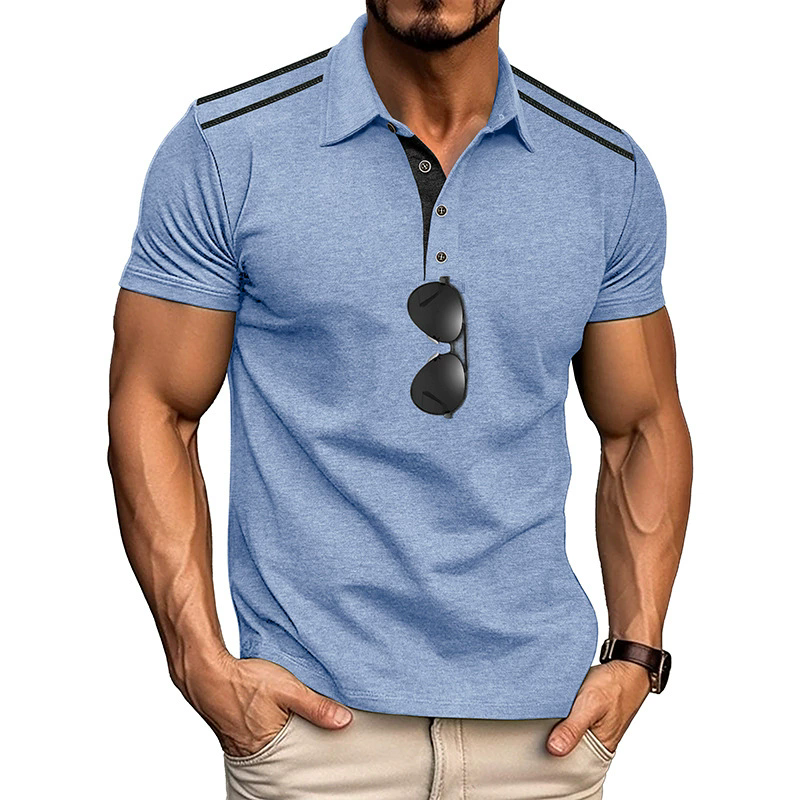 Summer T-Shirts Men's Short-sleeved Lapel Button Retro Color Matching Shirt Tshirt Shirt MALE Polyester Tops Tees Light Grey Light Blue XXXL