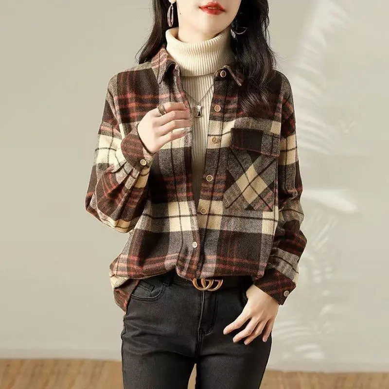 Autumn/Winter Coat Polo Neck Long Sleeve Plain Shirt Loose Casual Office Style Casual Womens Plain Coat 250314