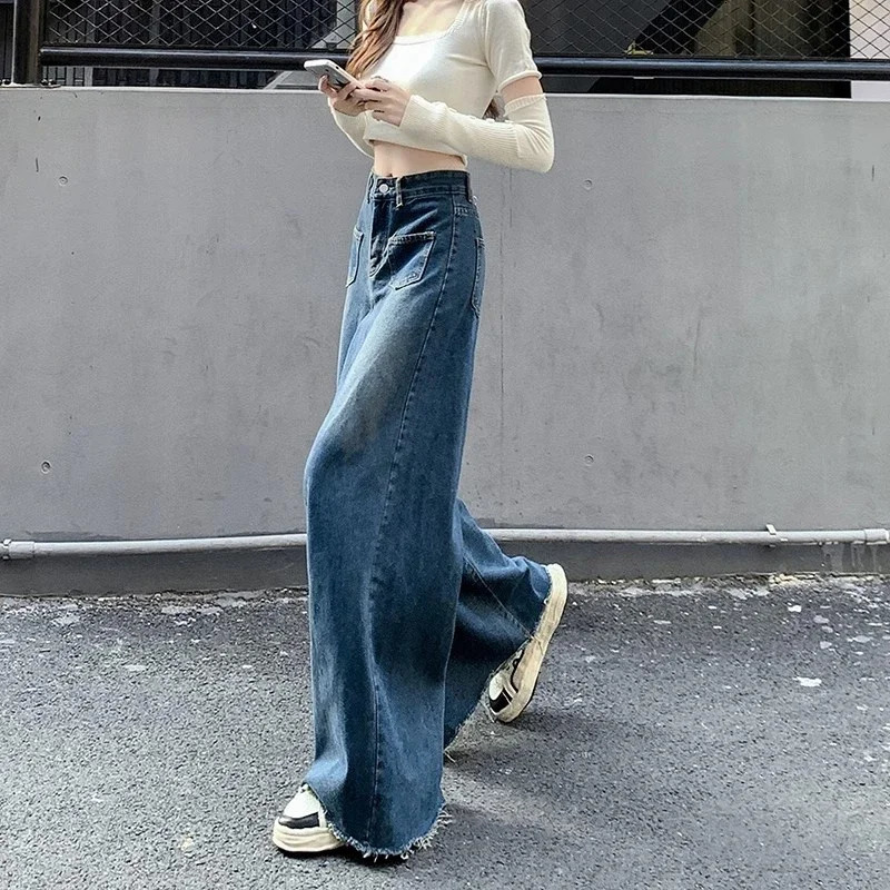 Womens high waisted retro er wide leg jeans womens Gothic loose straight leg pants womens blue light blue denim shorts 250314