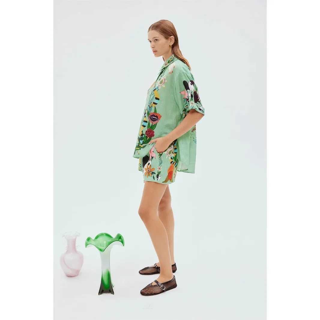 Two Piece Dress Fashion hemp rope pull flower Macaroon lapel shorts set 2025 new independent station Europe US cross-border Y250315E28X