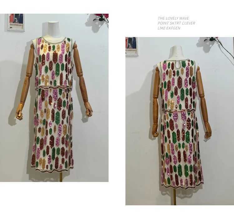 Two Piece Dress Fashion Summer Beach Holiday Handmade Beaded Sequins Vest Camisole Top Female Elastic Waist Skirt Womens Two Piece Sets Y250315ID5Y