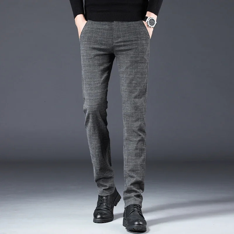 Autumn Winter Mens Brushed Slim Pants Cotton Linen Elastic Small Straight Plaid Business Casual Black Male Trousers 250311