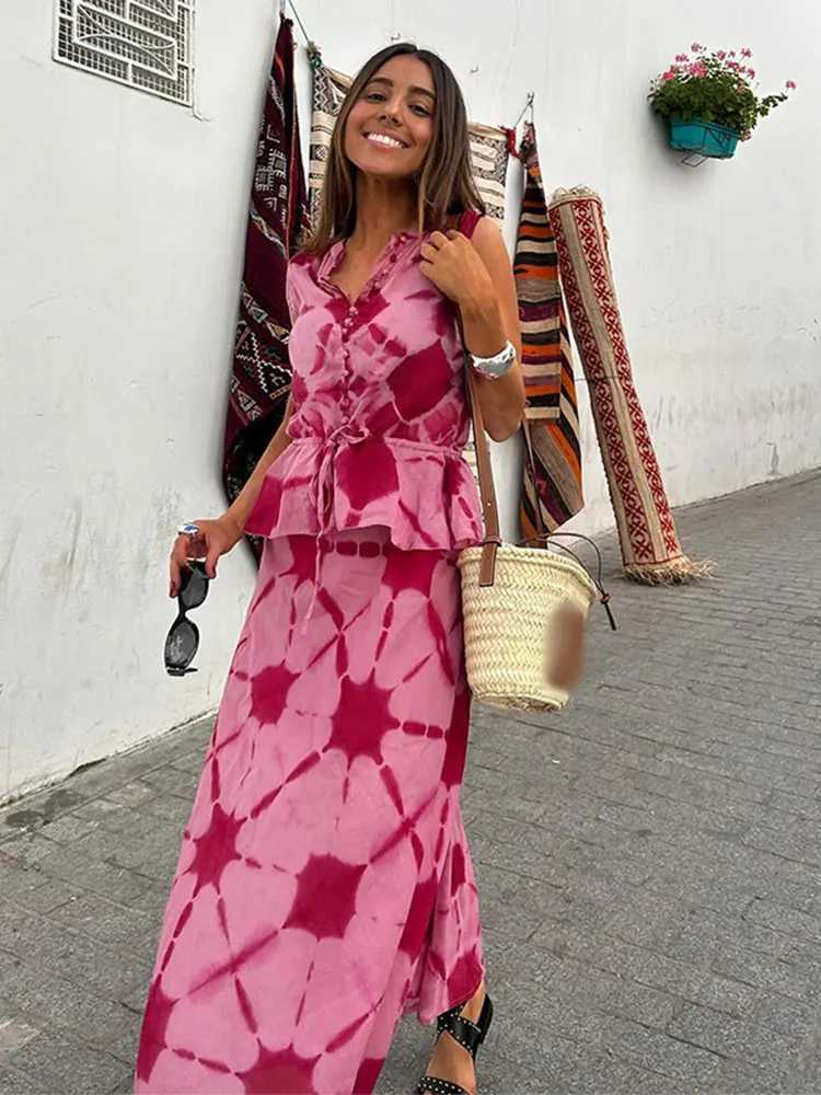 Two Piece Dress Fashion Print O-neck Single-breasted Vest Long Skirt Set Women chic Slvel Lace Up Top Suit New Lady Summer Strt Outfits Y250315ZCLE