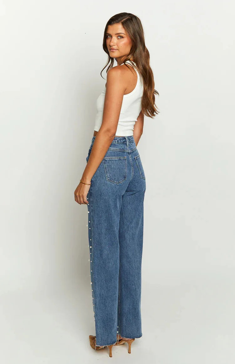 Lcchee Y2K diagonal waist cross retro bead straight burr denim jeans womens denim jeans 250314