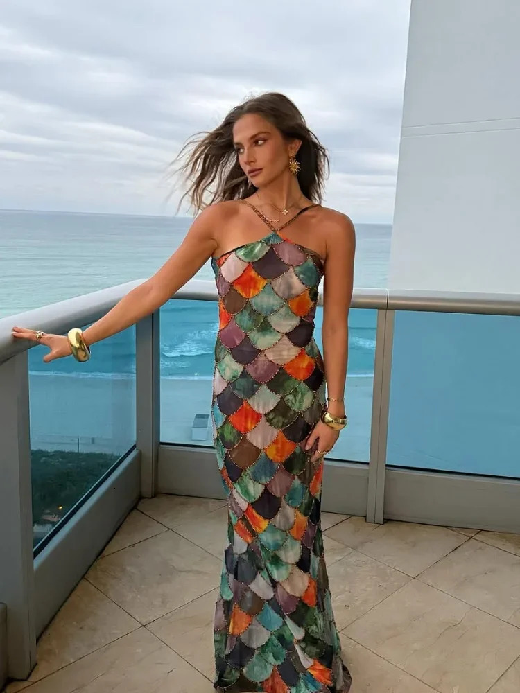 Womens sexy sleeveless backless colorful printed camisole dress with elegant splicing ultra-thin fishtail skirt fashionable vacation vest 250312