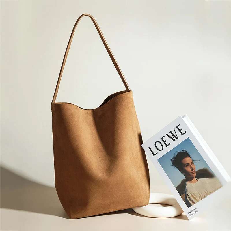 2024 Autumn New Women Suede Lady Large Capacity Bucket Tote Female Underarm Shoulder Bag Commuter Soft Split Leather Handbag