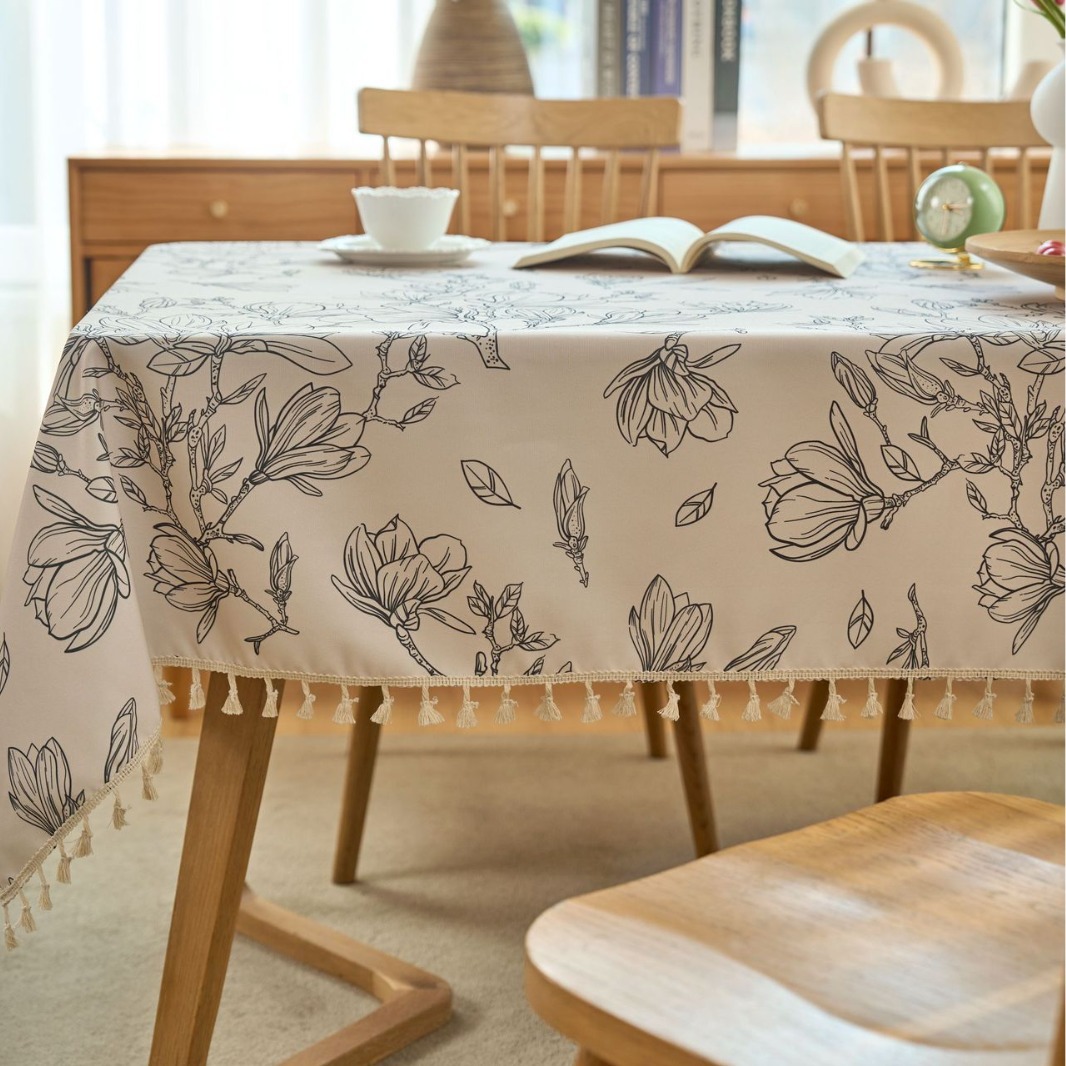 Rectangular tablecloth waterproof, oil-proof and scalding-proof white printed magnolia fabric table mat J8MB01