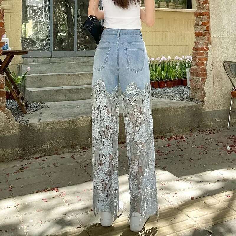 2025 new women's straight leg pants with transparent designer women's jeans lace coarse fabric spring pants retro pants