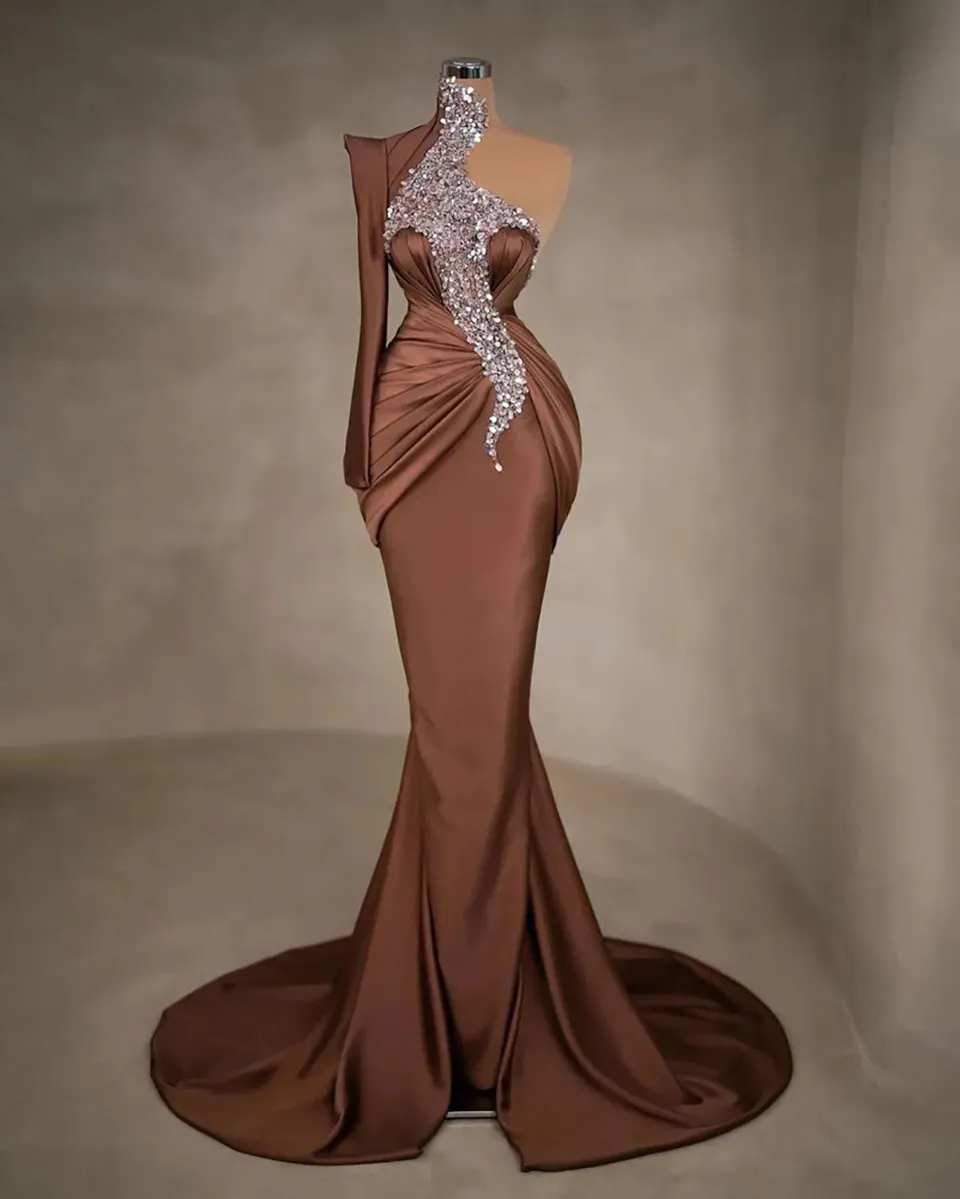 Customized Brown Satin Mermaid Prom Dresses 2025 One Shoulder Formal Plus Size Birthday Evening Ocn Gowns
