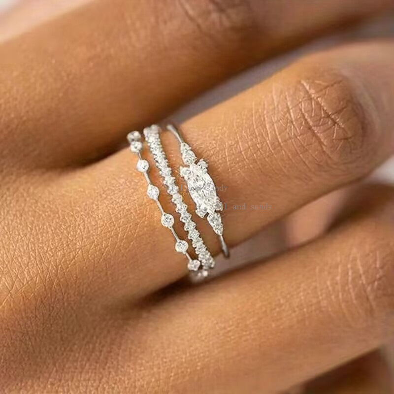 3pcs/set Dia Inlaid Stackable Horse Eye Stone Ring Shiny Zircon Sterling Sier Gold Plated Wedding Engagement Rings for Women Jewelry